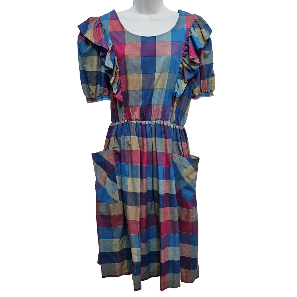 Vtg Womens Dress 13 Midi Ruffles 80s Cottage Classic Plaid Preppy Pockets Retro
